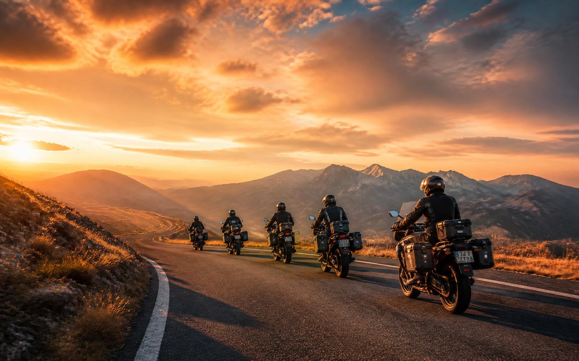 Group of motorcyclists riding a mountain road at golden hour